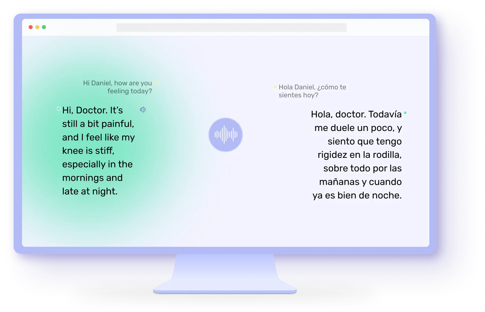 Lexi on a desktop computer, showing an English and Spanish conversation side by side